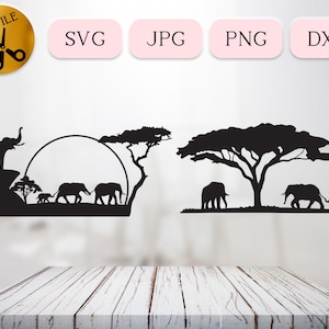 Elefante SVG, Pacote Safari Africano Svg, Clipart de Animais Safari, Bebê Elefante Svg, Silhueta da Natureza da África, Silhueta do Pôr do Sol DXF jpg png