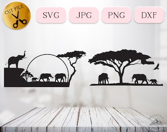 Elephant SVG, African Safari Svg Bundle, Safari Animals Clipart, Baby Elephant Svg, Africa Nature Silhouette, Silhouette Sunset DXF jpg png