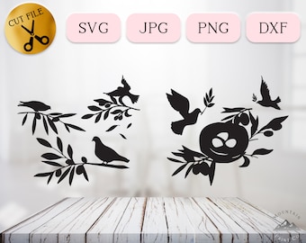 Dove Olive Branch SVG, Dove Scene Cricut, Botanical Svg, Olive Branch Clipart, Olive Leaves Svg, Laurel Svg, Bird Nest with Eggs DXF Jpg Png