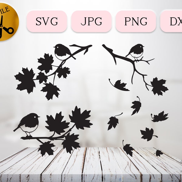 Falling Maple Leaves Svg, Autumn Scene Svg Cricut, Robin on Maple Branch Svg, Cute Robin Clipart, Bird Silhouette Leaves Canada Dxf Jpg Png