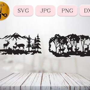 May include: Black silhouette of a mountain range with a family of deer in the foreground. The deer are standing in a forest with trees and bushes. The silhouette is set against a white background.