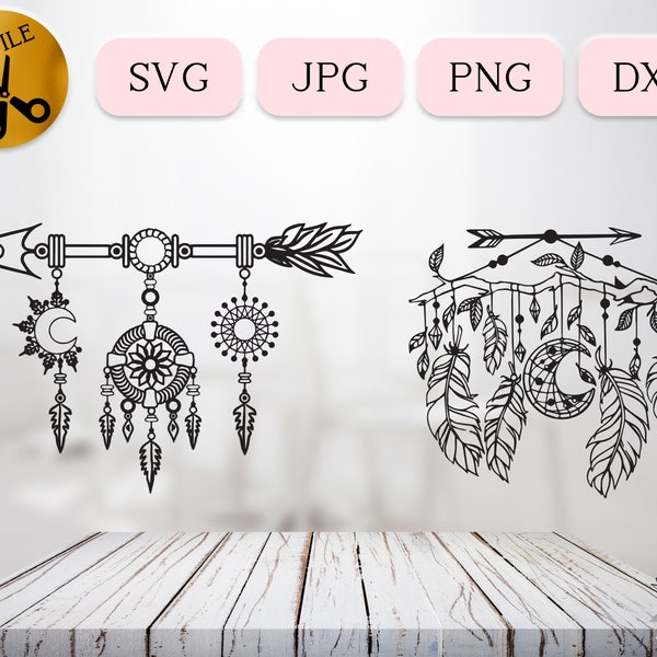 Sun and Moon Charms SVG, Moon Dream catcher Vector Design, Feathers Hanging Arrows svg, Tribal Native American Stencil Cut File JPG PNG dxf