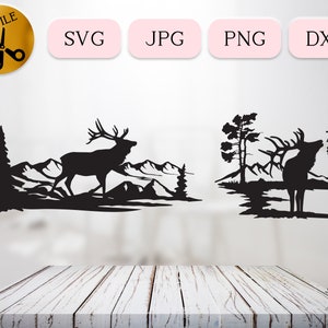 May include: Two black silhouette designs of an elk standing in a mountain landscape. The first design shows the elk walking to the right, while the second design shows the elk standing still. Both designs feature trees and mountains in the background.