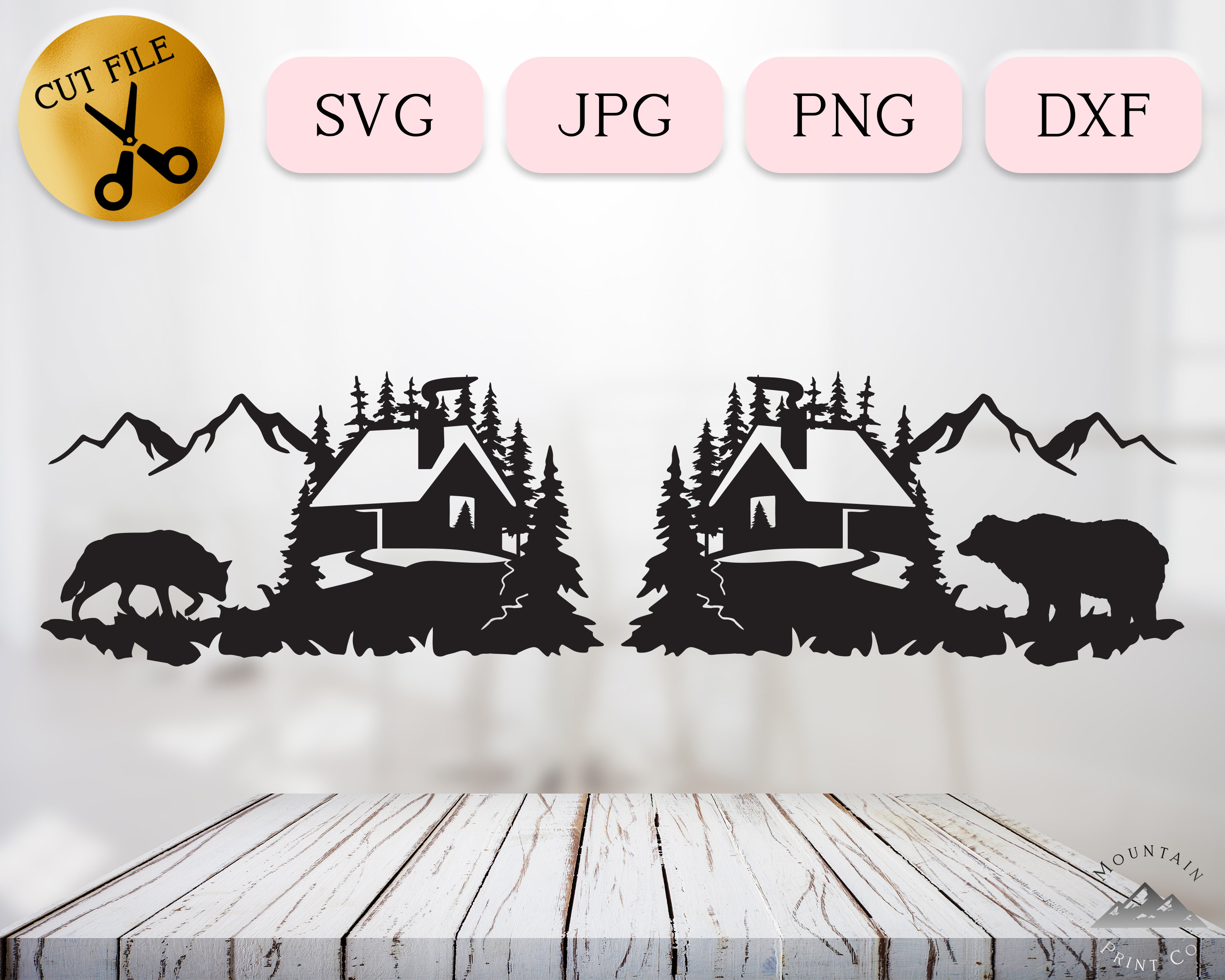 Log Cabin With Bear SVG Wood Cabin Wolf DXF Winter Cottage | Etsy