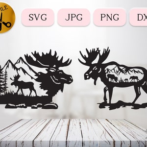 Detaillierte Elch-Svg-Datei Cricut, Elch-Silhouette mit Wald, Bergszene Waldland-Svg, Natur-Svg, Im Freien Dxf Cnc, Kiefernwald-Svg Png