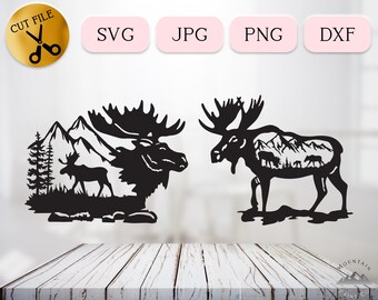 Detailed Moose Svg File Cricut, Moose Silhouette with Forest, Mountain Scene Woodland Svg, Nature Svg, Outdoors Dxf Cnc, Pine Forest Svg Png