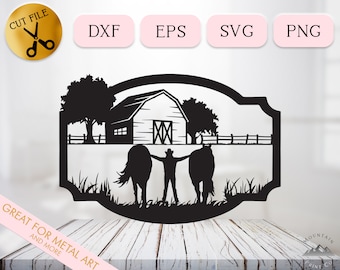 Metal Cut File of Field Horses Dxf, Cowboy Scene Png, Leading Horses Eps, Equestrian Stable Svg, Farm Hand Silhouette, Horse Riding Svg File