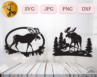 Christmas Moose SVG Bundle, Snowglobe svg, Moose Forest Mountain Scene Silhouette, Acorn Holly Clipart, Woodland wildlife vector JPG PNG dxf