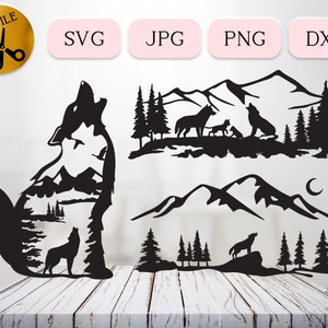 Howling Wolf Landscape SVG Bundle, Wolf pup family silhouette vector, Forest mountain wild animal scene, Woodland Wolf clipart, JPG PNG dxf