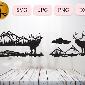 Peut inclure: Silhouette noire d'un élan debout devant une chaîne de montagnes avec des arbres. L'élan fait face au côté gauche de l'image. La chaîne de montagnes est en arrière-plan. L'image est sur un fond blanc.
