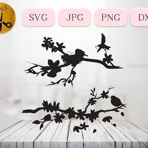Sakura-Zweig Silhouette, Kirschblüten-Vogel-Svg, Vogel im Nest-Svg Cricut, Vögel mit Eiern Vektor, Mama Vogel Clipart, Vogel Wurm Dxf Png Jpg