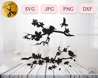Sakura Branch Silhouette, Cherry Blossom Bird Svg, Bird in Nest Svg Cricut, Birds with Eggs Vector, Mama Bird Clipart, Bird Worm Dxf Png Jpg