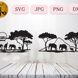 Paquete SVG de familia de elefantes, escena de animales de safari, clipart de elefante de safari, silueta de animal de la jungla Cricut, elefantes viajeros Dxf Jpg Png