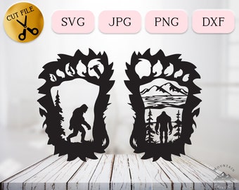 Bigfoot Footprint SVG, Big foot Silhouette, Sasquatch Clipart, Yeti Scene Dxf, Believe in Bigfoot Clipart Cut Files for Cricut JPG PNG Dxf