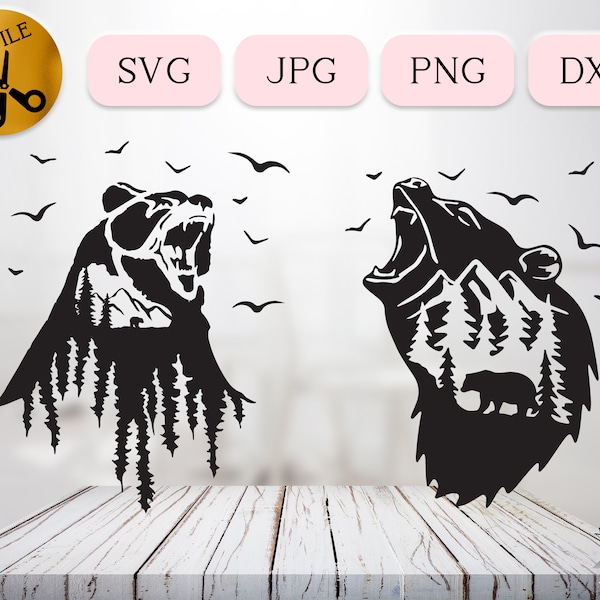 Roaring Bear Silhouette SVG Bundle, Angry Bear dxf Cut File, Wild Grizzly Forest Landscape, Scattered Flock of Birds Clipart JPG PNG dxf