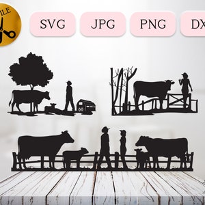 Farming Family Svg Bundle, Silhueta de fazendeiro e esposa, Clipart de fazenda de vacas, Feira do condado Svg, Arquivo de corte de mão de fazenda, Fazendeiro local Dxf, Agricultura Png