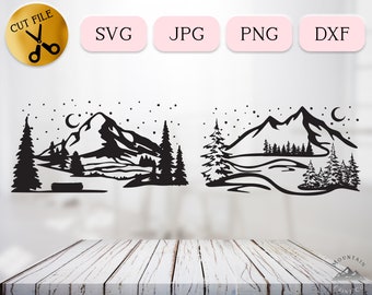 Scène d’hiver enneigée sans animaux SVG Bundle, vecteur de paysage de montagne d’hiver, silhouette de scène de nuit de Noël, toundra froide JPG PNG dxf