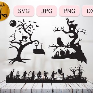 Kerkhof scène Svg, Halloween Monsters Clipart, Spooky Tree silhouet, Black Cat Gravestone Svg, enge Halloween kostuum Svg DXF Jpg Png
