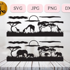Giungla SVG, Giraffa Svg, Elefante Svg, Silhouette Safari, Elefante Clipart Cricut, Africa Svg, Animali della giungla Png, Paesaggio della giungla Jpg Dxf