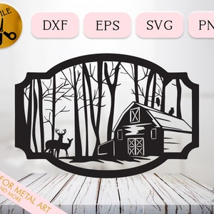 Può includere: Design in silhouette in bianco e nero di un fienile in un bosco con due cervi in piedi di fronte ad esso. Il design è perfetto per progetti di arte metallica.
