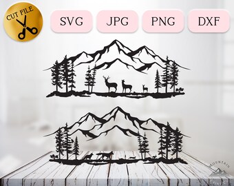 Woodland Chasing Prey SVG Bundle, Fox and Rabbits Scene Cut File, Mountain Landscape Vector, Pine Woods Graphic, Elk Deer Scene DXF JPG png