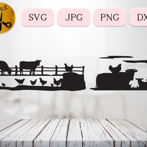 Pollo y vaca Svg, Escena de animales de granja, Silueta de gallo y ganado, Escena de granja Cricut, Clipart de vaca bebé, Letrero de granjero Dxf Png, Pollitos