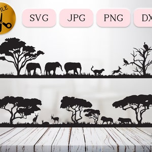Safari SVG, sabana africana svg, escena de vida salvaje, clipart de elefante, silueta de presa de caza, elefante dxf, antílope svg, naturaleza amplia JPG png DXF