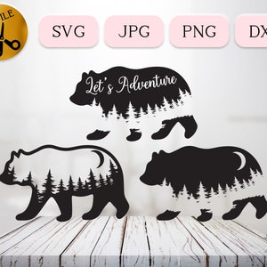 Forest in Bear SVG Bundle, Outdoor Tree Vector, Grizzly Bear Silhouette Clipart, Cricut Moon Scene, Wildlife Nature Cut File, JPG PNG dxf