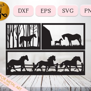Lot de chevaux en cours d'exécution SVG, Silhouette de cheval sauvage Dxf, fichier de coupe d'art mural en métal équestre, vecteur de fichier Cnc de cheval, feuille coupée Eps, Png
