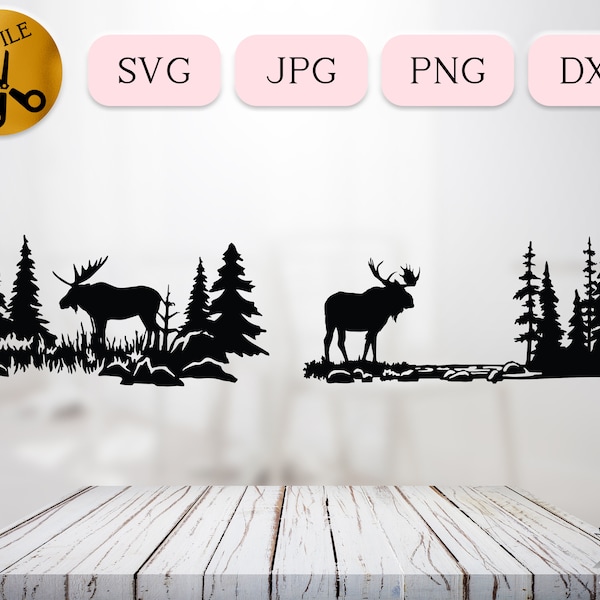 Rocky Moose Nature Scene SVG Bundle, Stream and Meadows Silhouette DXF, Pine Forest Landscape, Moose Clipart, Grassy Pond Vector JPG png dxf