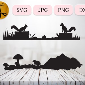 Bundle SVG écureuil, Silhouette de souris des bois, gros plan Nature svg, clipart champignon rongeur forêt, sol de la forêt glands dessin animé JPG PNG