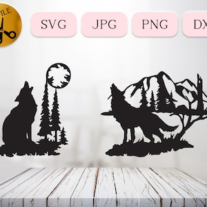 Wolf SVG, Howling Wolf Vector, Forest Wildlife DXF, Full Moon Clipart, Woodland Nature Silhouette, Wilderness Landscape Cut File JPG png