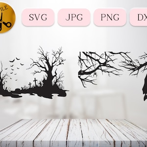 Halloween-kerkhofscène SVG-bundel, Haunted Tombstone Vector, Halloween sticker idee, vampier silhouet, spookachtige decoratie JPG, PNG dxf
