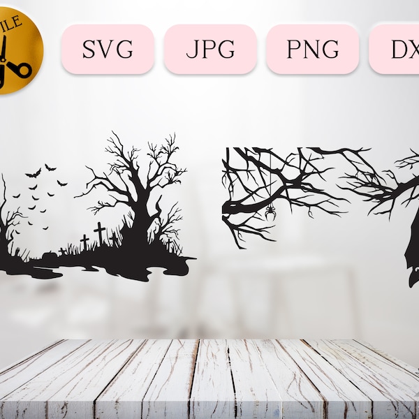 Halloween Graveyard Scene SVG Bundle, Haunted Tombstone Vector, Halloween Decal Idea, Vampire Bat Silhouette, Spooky Decoration JPG PNG dxf