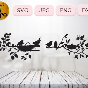 Bébé oiseau dans son nid SVG, nid d'oiseau dans des branches des cliparts, fichier de coupe Cricut pour chambre d'enfant, observation des oiseaux DXF, nid dans l'arbre Svg, oiseaux Silhouette Jpg Png