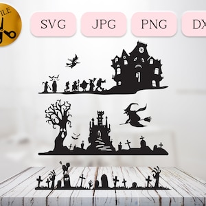 May include: Black and white silhouette cut file design featuring a haunted house, a witch flying on a broomstick, a spooky tree, a graveyard, and a group of ghosts. The design is perfect for Halloween crafts and decorations.