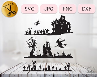 Halloween Costume Party SVG, Haunted Manor Silhouette, Spooky Castle Vector, Zombie Graveyard Stencil Vector, Graveyard Scene JPG PNG dxf
