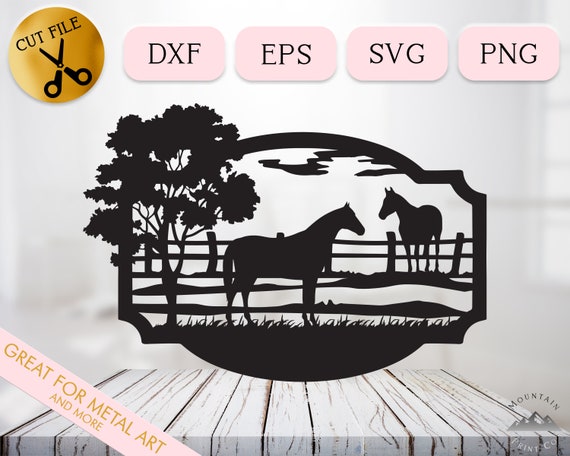 Field Horses Svg Vector Cut File, Farm Horse Silhouettes, Rural Welcome Sign Dxf, Country Life EPS, Horse Riding Clipart Cricut, Horse Scene