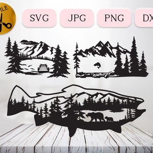 May include: Black and white silhouette design of a fish with a mountain and forest scene inside. The fish is swimming through a lake with mountains and trees in the background.
