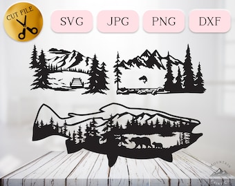 Fishing Svg Bundle, Bass Fishing Scene Cricut, Fisherman Vector, Trout Fish Clipart, Fly Fishing Silhouette, Lake Fishing Cricut Dxf Jpg Png