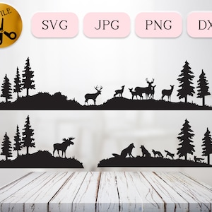 Escenas de animales de verano, variedad de animales del bosque Svg, ciervo Svg, alce Svg, lobos Svg, silueta de manada de lobos, Cricut Svg Familia de ciervos Dxf Jpg