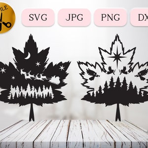 Weihnachten Fantasy Szene SVG, Ahornblatt SVG, Engel Trompete Szene, Santa Schlitten Rentier Silhouette Cricut, Wald SVG DXF JPG Png