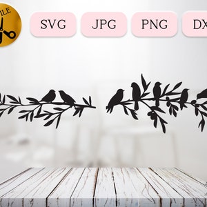 Fichier de gravure oiseaux sur branche, oiseaux dans l'arbre, Silhouette d'oiseaux perchés, Clipart branche d'olivier, famille d'oiseaux vecteur fichier de coupe Cricut