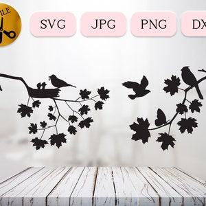 Silhouette di uccello tra i rami, ramo di foglia d'acero Svg, mamma uccello che nutre i pulcini Svg, nido di uccello Clipart, ramo di albero Vettore, passero Jpg Png Dxf