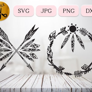 Tribal Federn Rahmen SVG Bundle, Pfeil und Federn Clipart, Boho Design für Cricut, Wild Dreamcatcher Grafik DXF, Native Federn JPG png