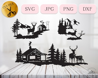 Paquete SVG de 3 cabañas de troncos de invierno, silueta de cabaña al aire libre en el bosque, archivo de corte DXF de cabaña de caza de ciervos, SVG de campamento, JPG, png y dxf