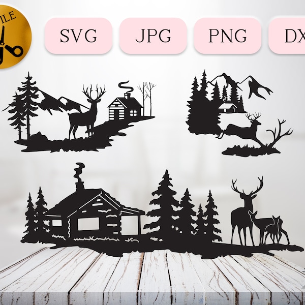 3 Winter Log Cabin SVG Bundle, Outdoor Svg Cabin Silhouette in Forest, Deer Hunting Cabin DXF Cut File, Camping Svg, JPG png dxf
