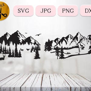 Snowy Mountain Woodland Scene SVG-bundel, herten dxf-bestand knippen, Predator Hunting Deer Vector, dennenbos silhouet, konijn JPG PNG dxf