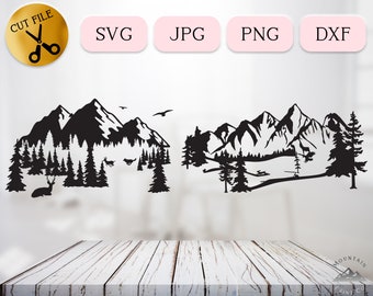 Snowy Mountain Woodland Scene SVG Bundle, Deer dxf cut file, Predator Hunting Deer Vector, Pine Tree Forest Silhouette, Rabbit JPG PNG dxf