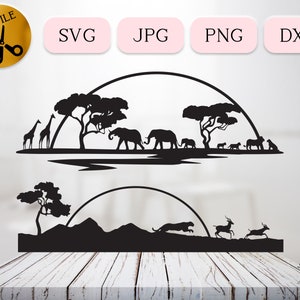 Jungle Sunrise Svg Bundle, Safari Animal Hunting Svg, Safari Landscape, Silhouette di antilope in corsa, Clipart di ghepardo, Elefanti Dxf Jpg Png
